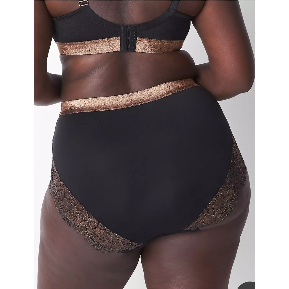 Cacique No-Show Full Brief Panty Black Gold Foil Lace Sexy Women Size 26/28 Nwt